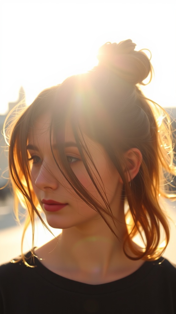 A person with a messy bun hairstyle, illuminated by sunlight, highlighting loose strands and a relaxed look.