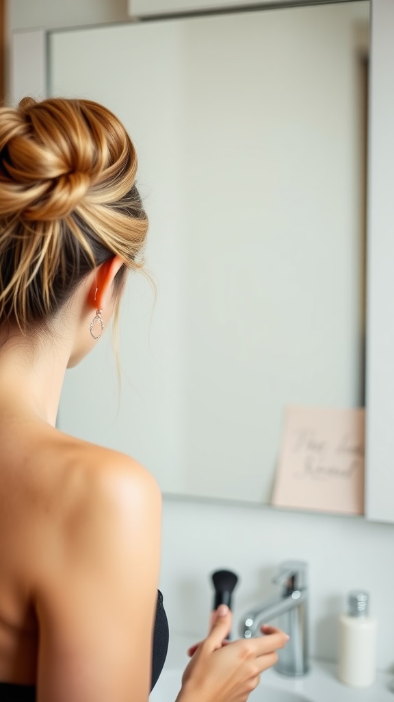 A woman with a messy bun hairstyle, looking at her reflection in the mirror.