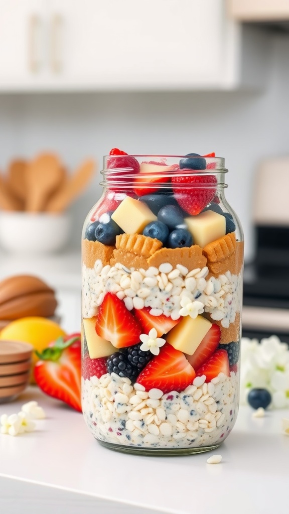 A jar of layered overnight oats with nut butter and fresh fruits.