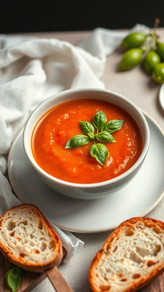 A bowl of tomato basil soup garnished with fresh basil leaves, served with slices of bread.