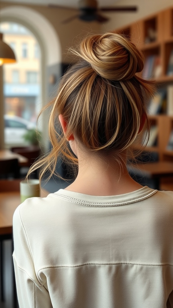 A woman with a high top knot hairstyle, featuring loose tendrils, sitting in a cozy cafe.