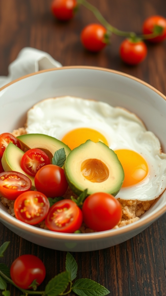 A colorful egg and avocado breakfast bowl with cherry tomatoes on a wooden table.