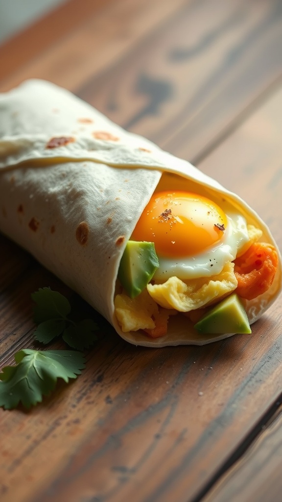 A delicious egg and avocado breakfast burrito wrapped in a tortilla, showcasing the egg yolk and avocado inside, placed on a wooden surface.