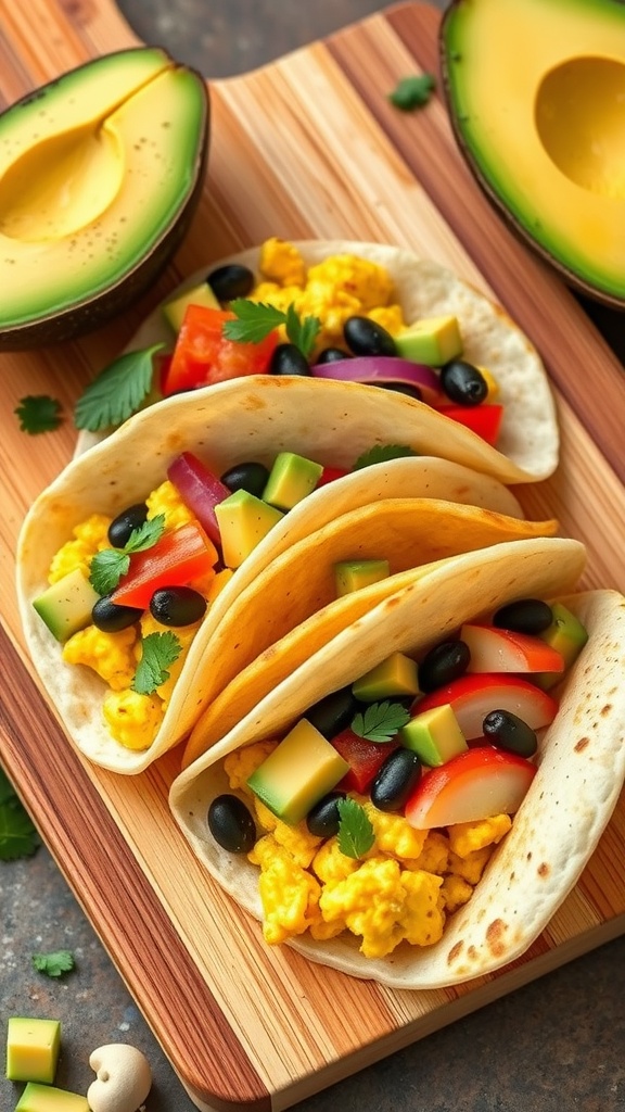 Egg and black bean breakfast tacos on a wooden board with fresh ingredients.