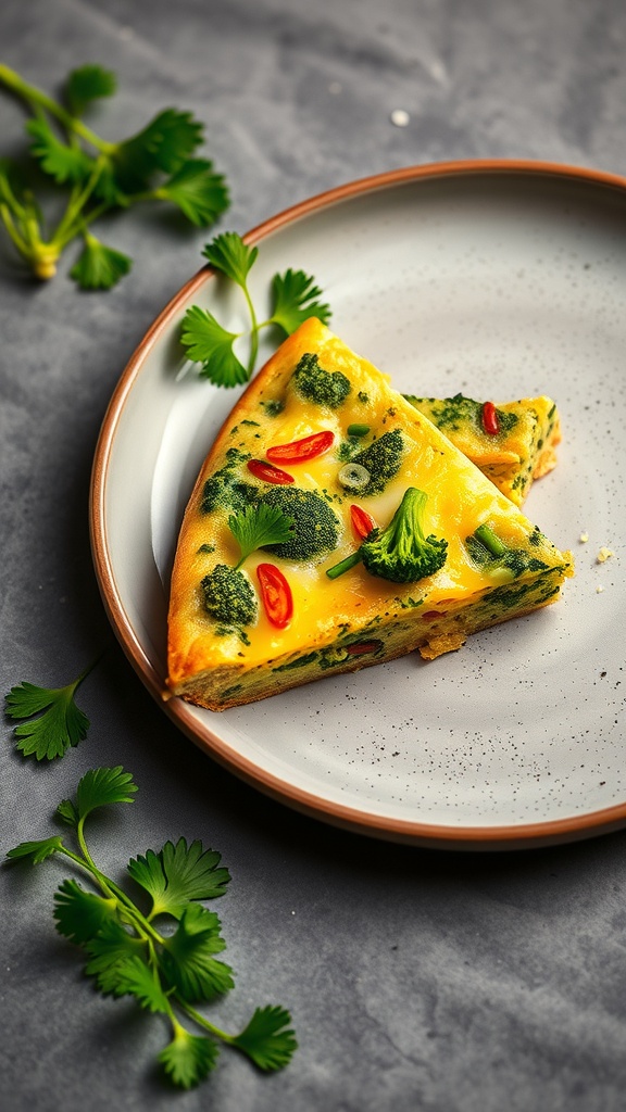 A slice of egg and broccoli frittata on a plate, garnished with herbs and chili.