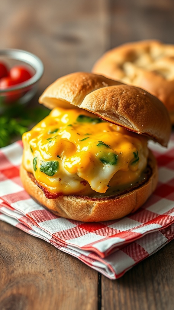 A delicious egg and cheese breakfast muffin with spinach, served on a checkered napkin.