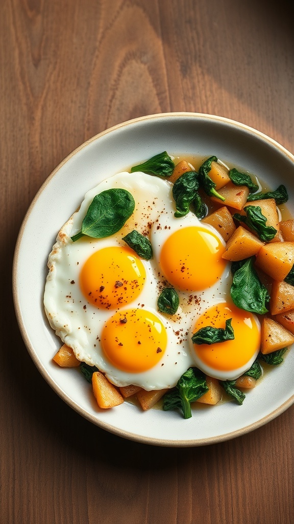 A delicious egg and spinach breakfast hash featuring fried eggs atop sautéed potatoes and fresh spinach.