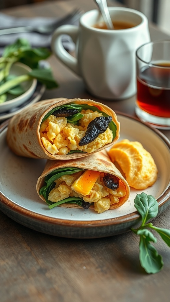 Delicious egg and spinach breakfast wrap on a plate, with a side of delicious toppings.
