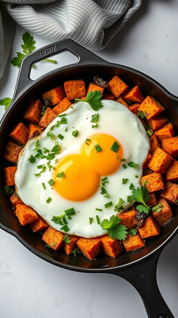 A skillet filled with sweet potato hash topped with two sunny-side-up eggs and garnished with fresh herbs.