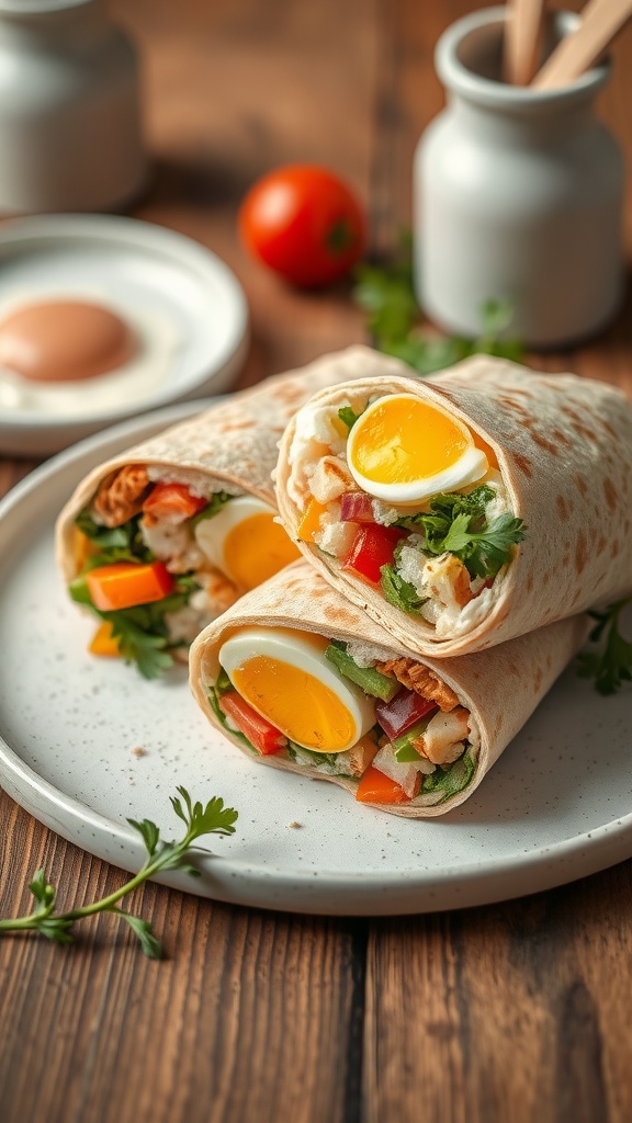 Delicious egg and vegetable breakfast wraps on a plate, garnished with fresh herbs.