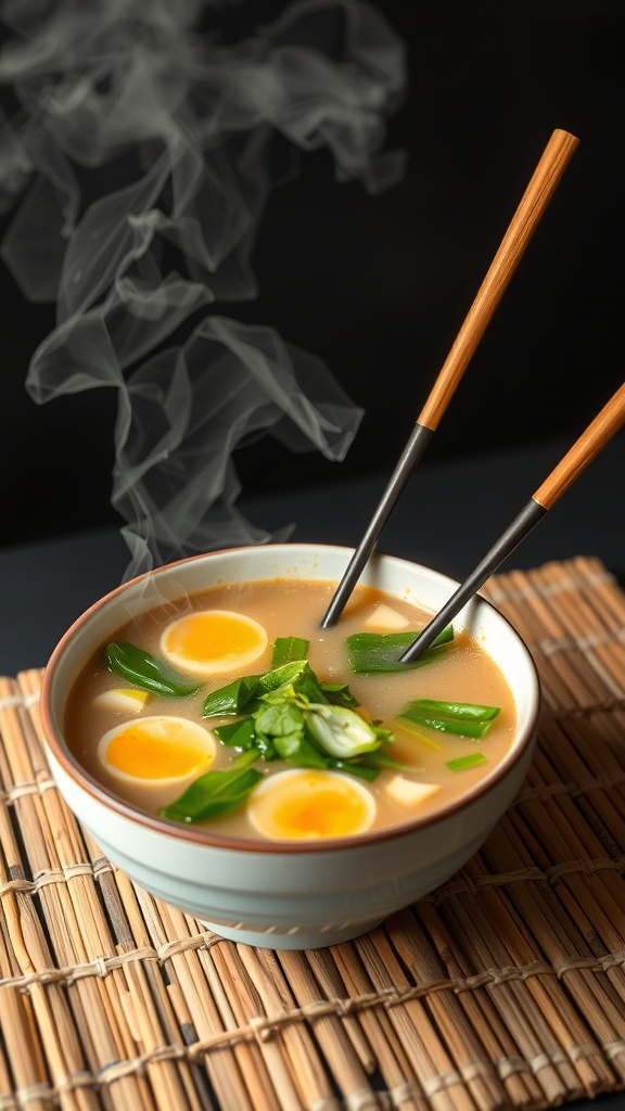 A bowl of egg drop soup with greens, featuring soft-boiled eggs and green onions, steaming against a dark background.