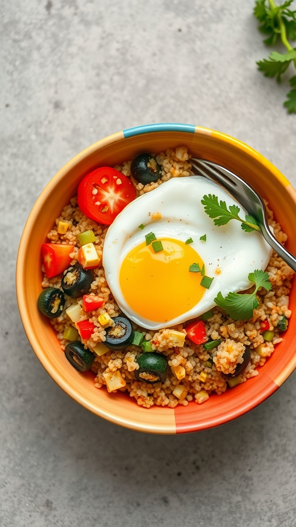 A colorful bowl of egg fried quinoa with veggies, topped with a fried egg.