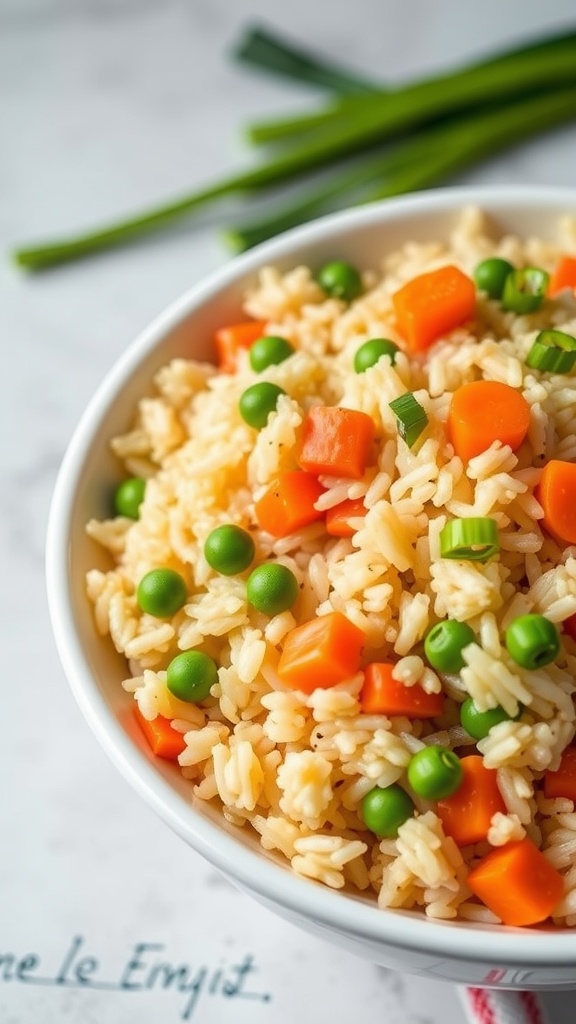 Bowl of egg fried rice with green peas and diced carrots.