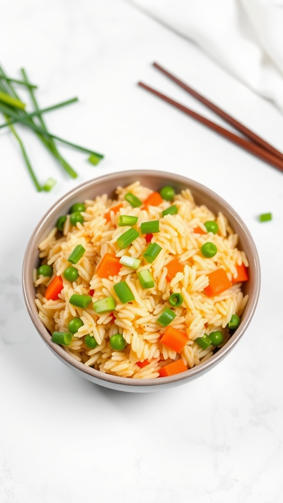 A bowl of colorful egg fried rice with peas and carrots.