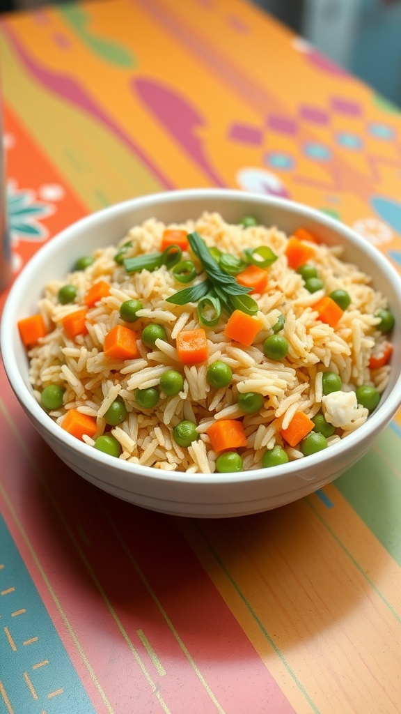 A bowl of colorful egg fried rice with vegetables
