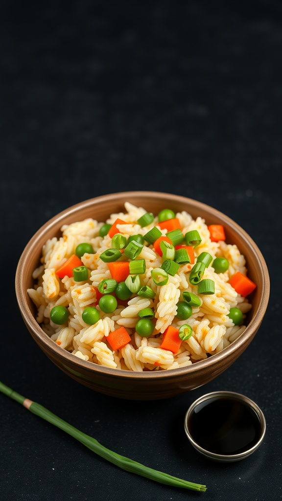 Bowl of egg fried rice with peas and carrots