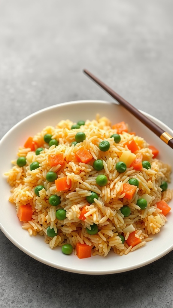 A plate of egg fried rice with mixed vegetables and green onions