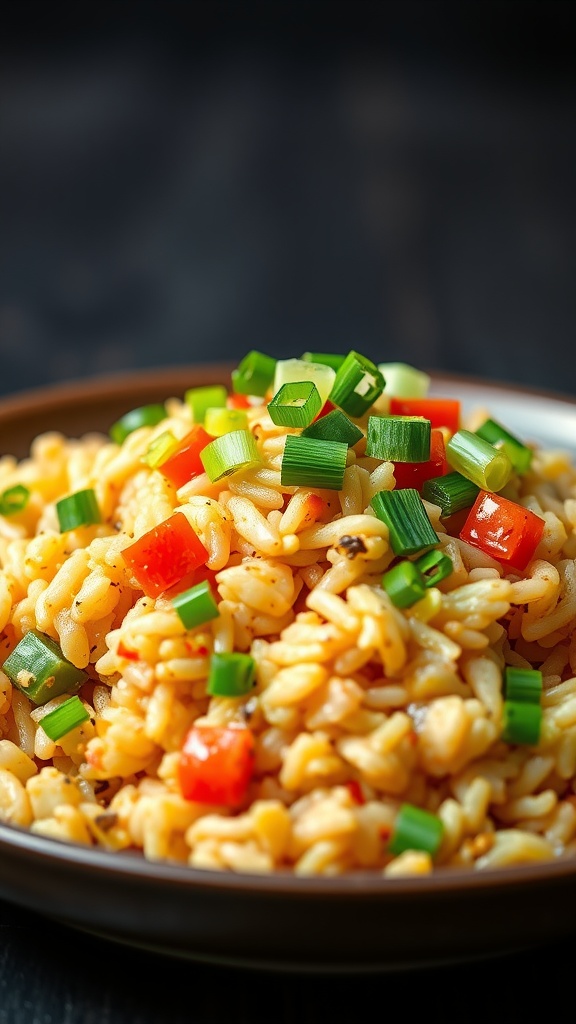 A bowl of egg fried rice topped with green onions and bell peppers