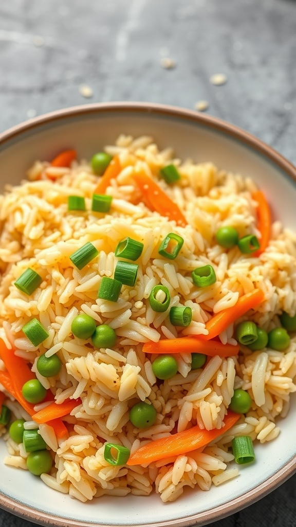 A bowl of egg fried rice with peas, carrots, and green onions.