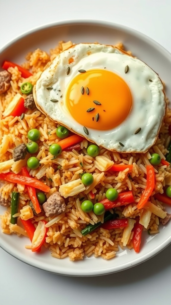 A plate of egg fried rice topped with a fried egg, mixed with vegetables and meat.