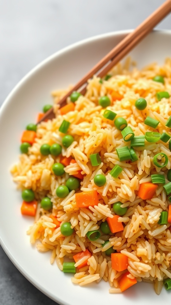 A plate of egg fried rice with peas and carrots, served with chopsticks.