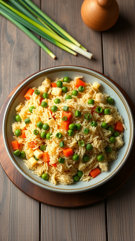 A bowl of egg fried rice with green peas and red bell peppers, garnished with chopped green onions.