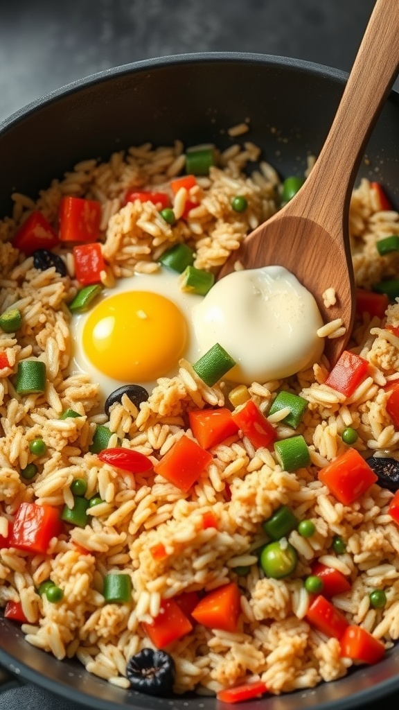 A pan of egg fried rice with colorful vegetables and eggs
