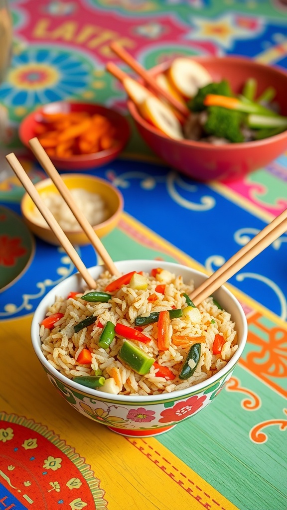 A bowl of egg fried rice with colorful mixed vegetables.
