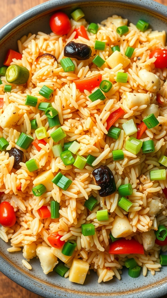 A bowl of egg fried rice with colorful mixed vegetables