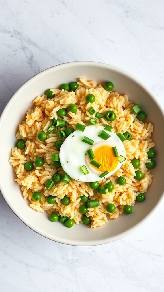 A bowl of egg fried rice with peas garnished with green onions.