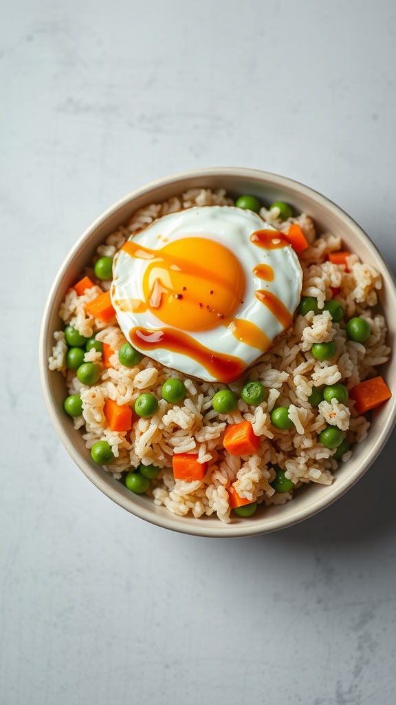 A bowl of egg fried rice with peas and a sunny-side-up egg on top.