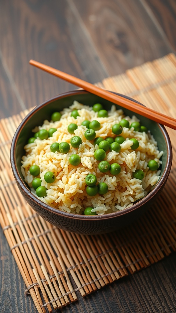 A bowl of egg fried rice with peas