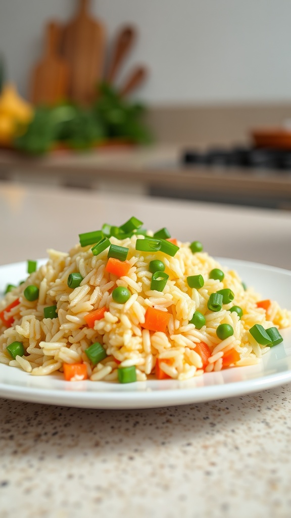 A plate of egg fried rice with peas and diced carrots, garnished with green onions.