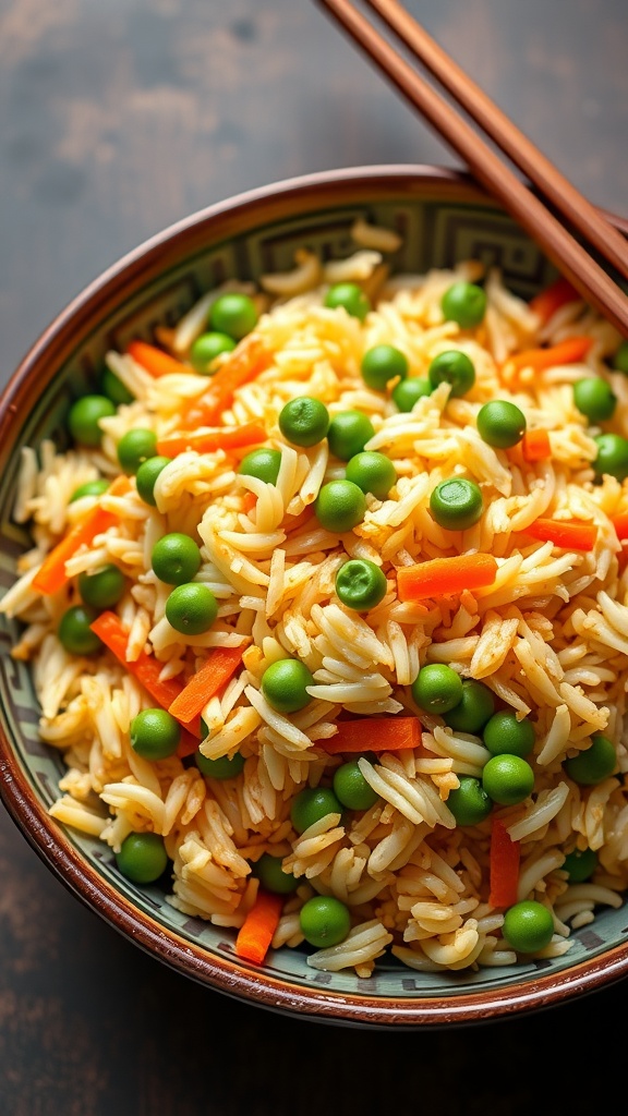 A bowl of egg fried rice with peas and carrots.
