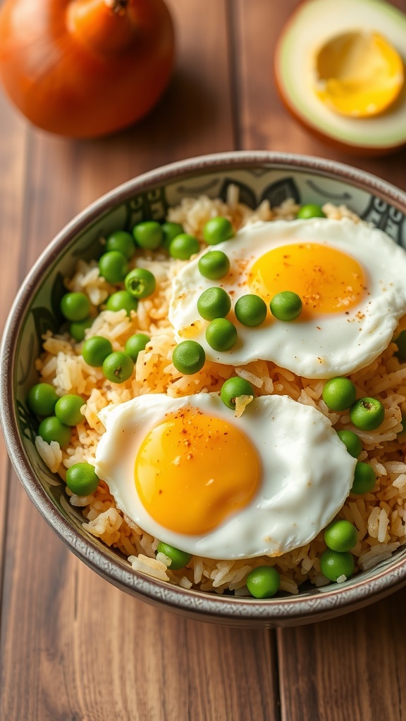 A bowl of egg fried rice with peas, topped with two fried eggs, surrounded by an onion and an avocado half.