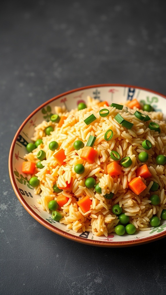 A plate of egg fried rice with peas and carrots, garnished with green onions.