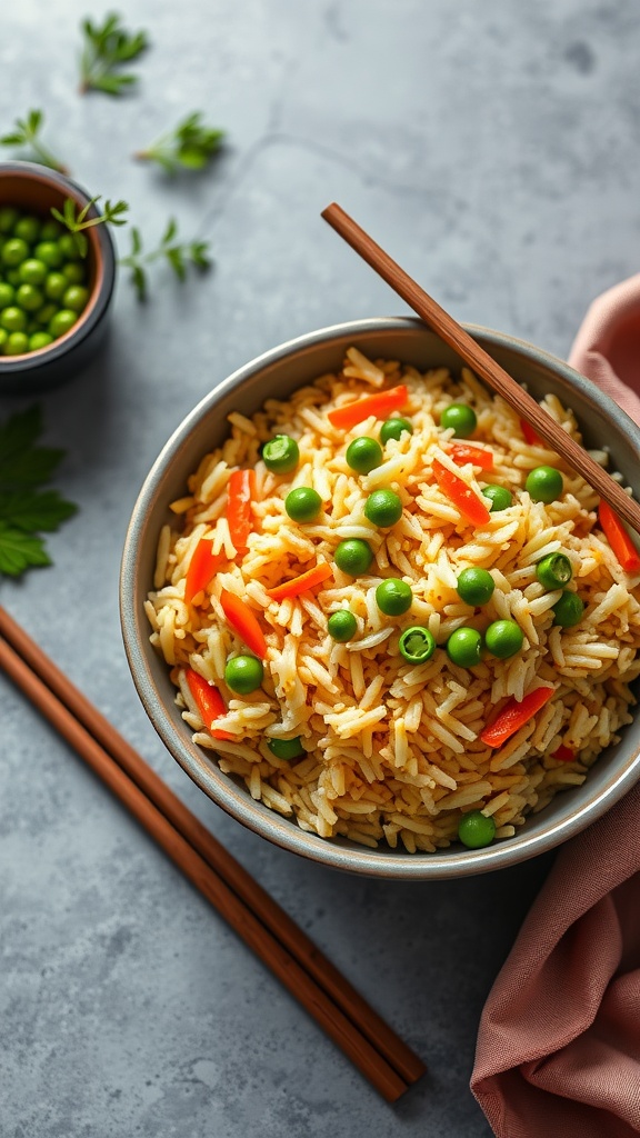 A bowl of egg fried rice with peas and carrots, served with chopsticks.