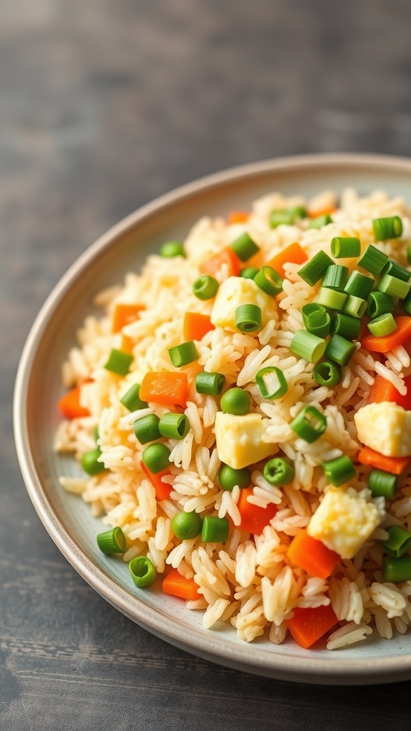 A plate of egg fried rice with peas and carrots, garnished with green onions.
