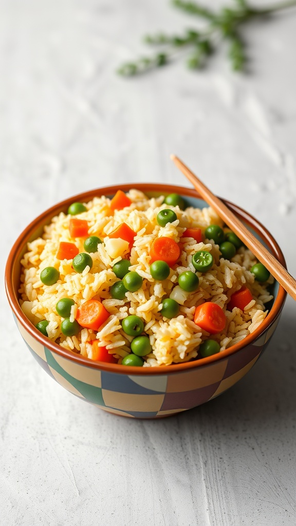 A bowl of egg fried rice with peas and carrots.