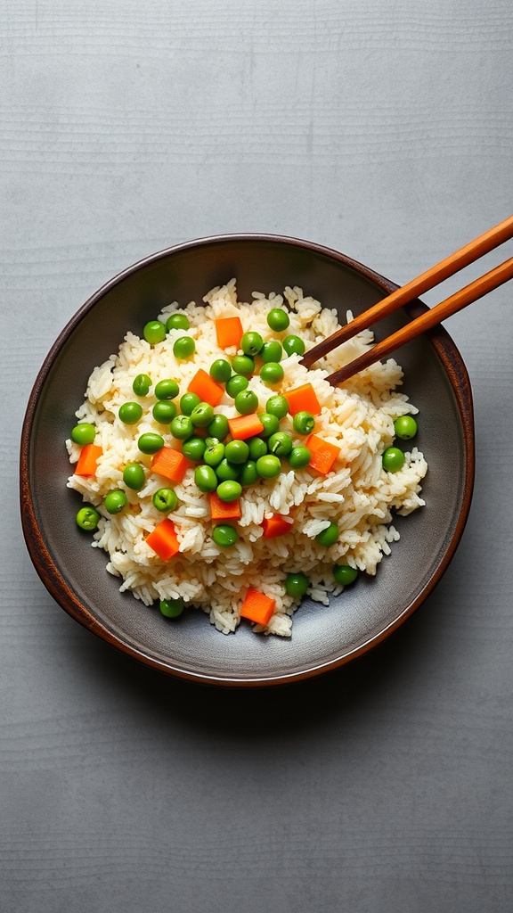A bowl of egg fried rice with peas and carrots, served with chopsticks.