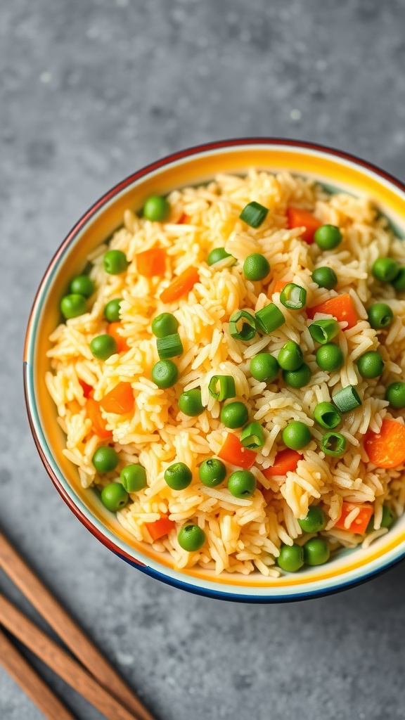 A bowl of egg fried rice with peas and carrots, garnished with green onions.