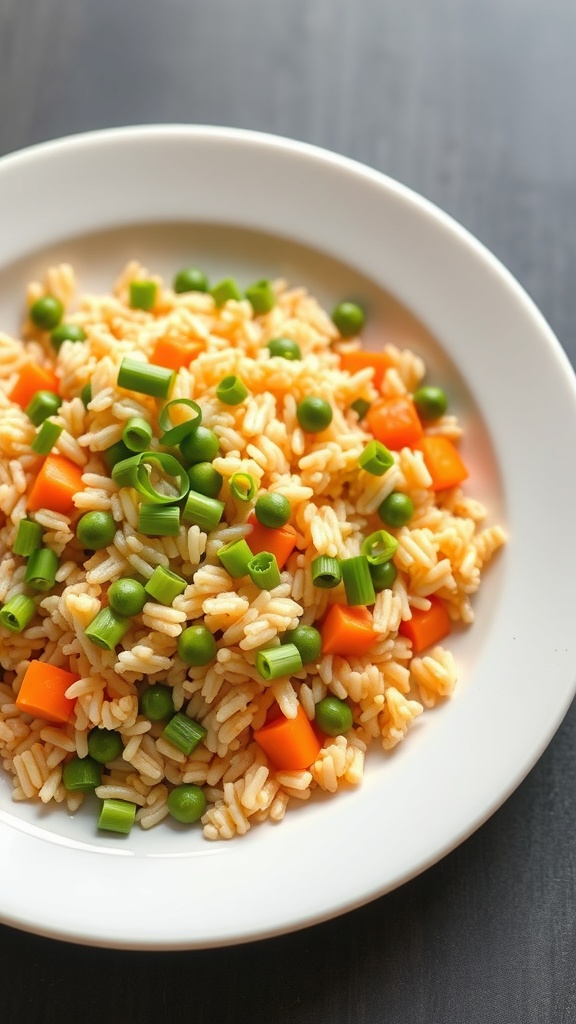 A plate of egg fried rice with peas and carrots, garnished with green onions.