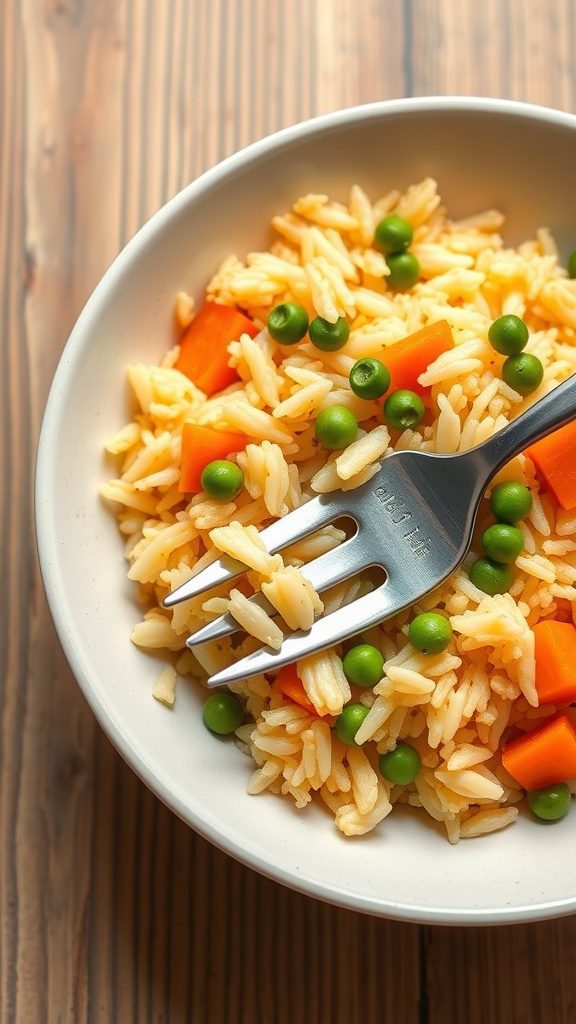 A bowl of egg fried rice with peas and carrots, garnished with a fork.