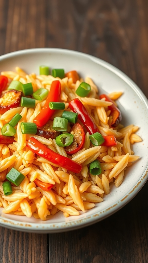 A plate of egg fried rice with colorful vegetables and green onions on top.