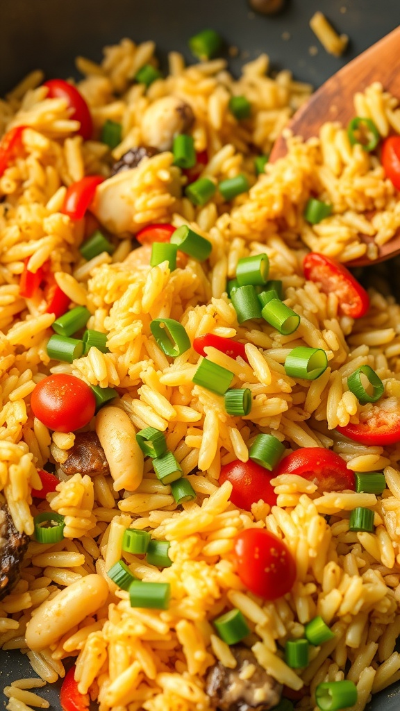 A colorful bowl of egg fried rice with vegetables, featuring red bell peppers, green onions, and fluffy rice.