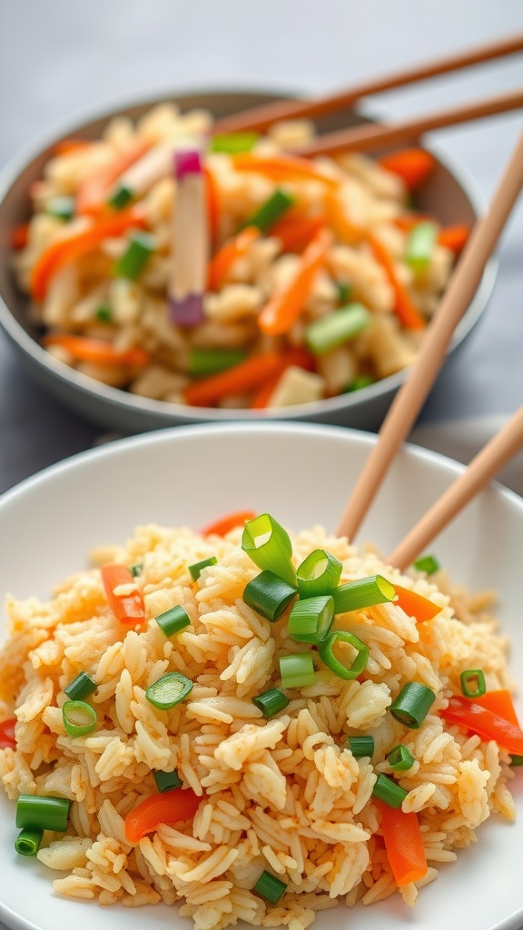 A bowl of egg fried rice with colorful veggies and green onions on top