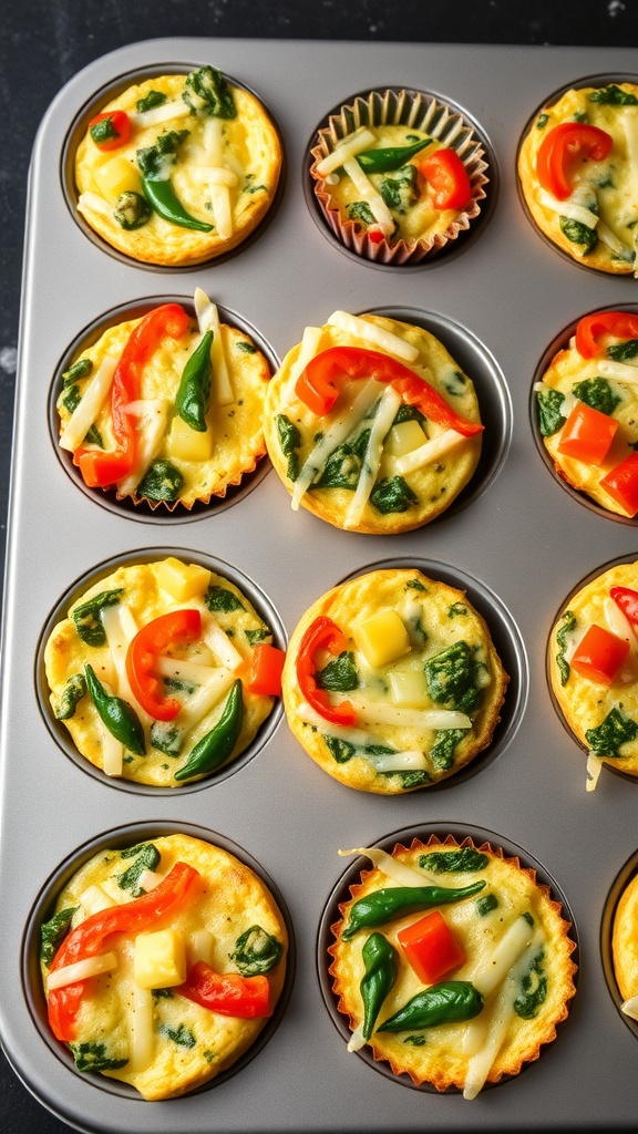 A tray of colorful egg muffins filled with vegetables and cheese.