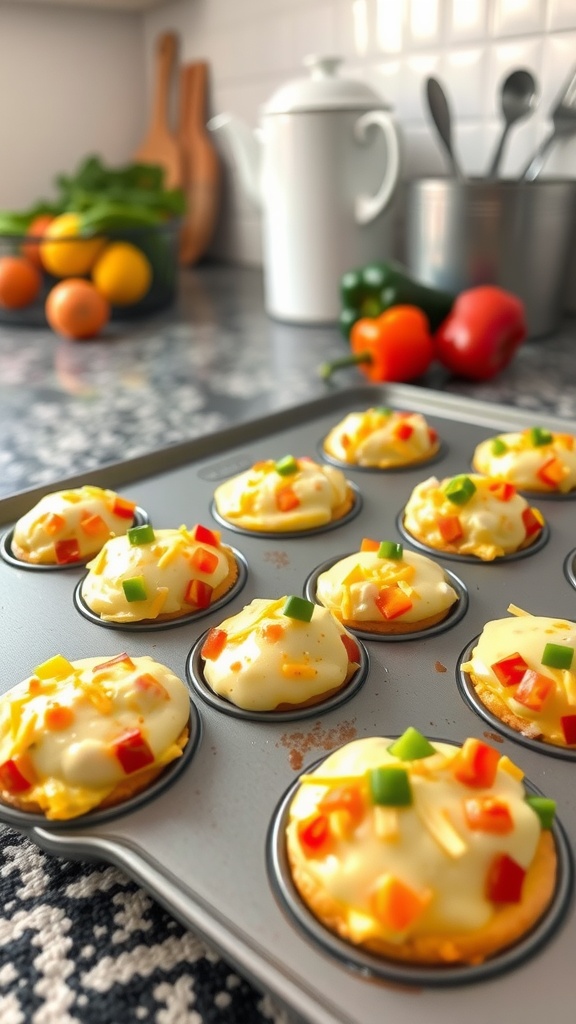 Egg muffins with bell peppers and cheese in a muffin tin.