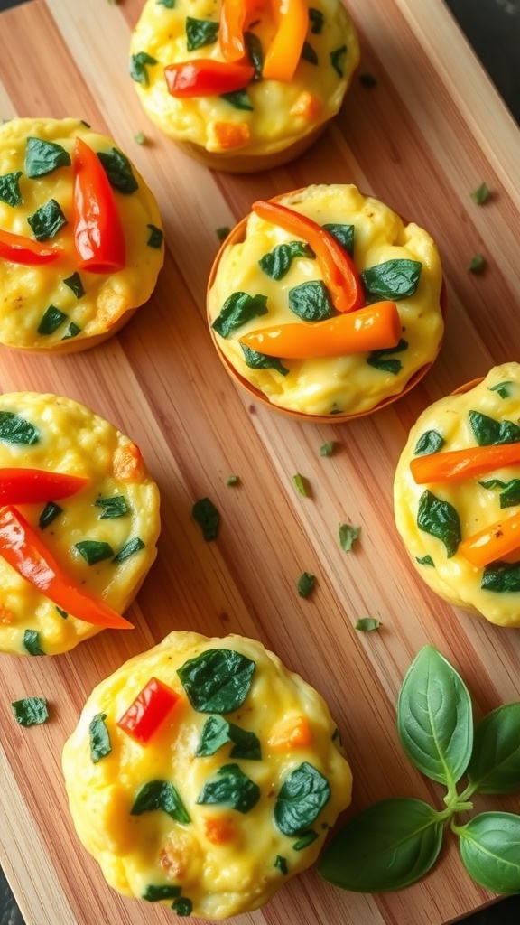Colorful egg muffins with bell peppers and spinach on a wooden board.