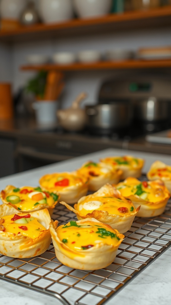 A plate of egg muffins with cheese and vegetables, arranged neatly.